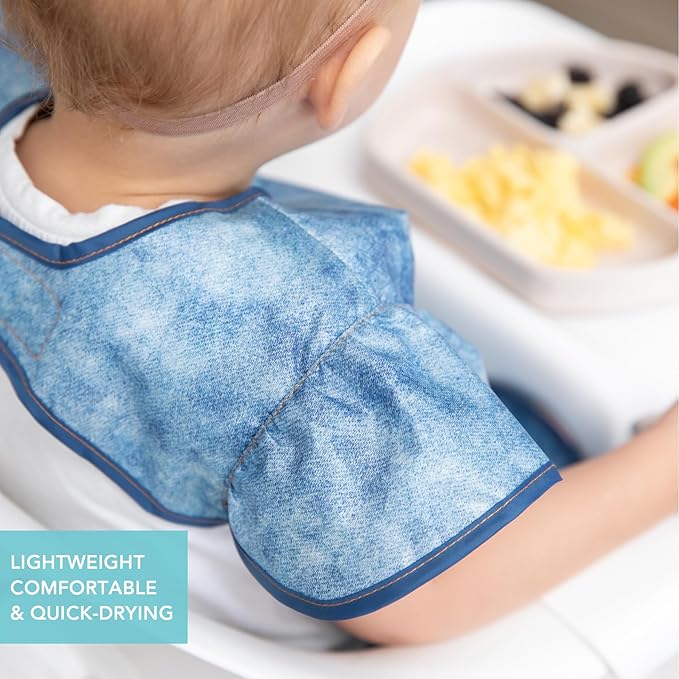 Bumkins Ruffle Apron Bib and 2-pack Sandwich Bags, Waterproof Fabric, Faux Denim