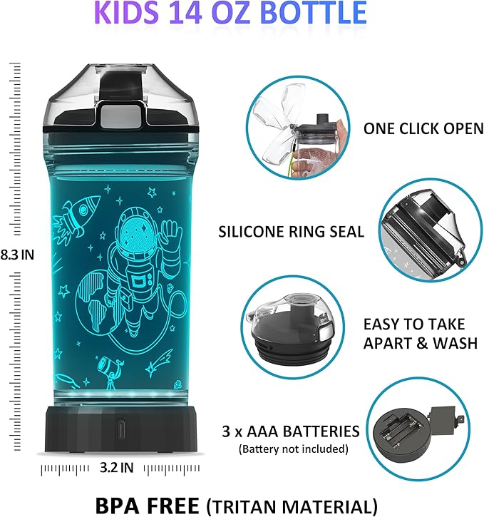 Attivolife Kids Water Bottle Light up Astronaut, Space Cup 3D Illusion Glowing Lamp-14 OZ Dino BPA Free Eco-Friendly Timer Function, Cool Unique Gifts for Boy Girl Toddler Camping Back to School