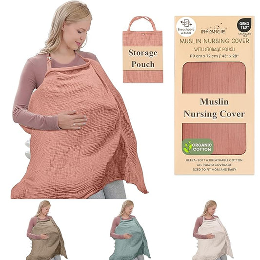 100% Organic Cotton Nursing Cover & Shawl - 43 x 28 Inch Breathable Muslin Breastfeeding Nursing Apron Cover with Arch Neckline for Mothers, Multi-use Carseat Canopy (Rust)