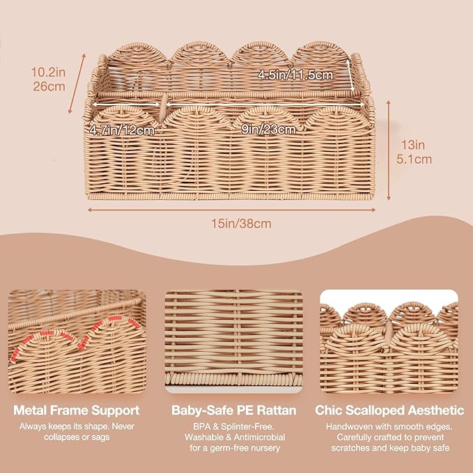 Wicker Diaper Caddy Organizer, Nursery Storage Basket for Diapers and Baby Wipes, Baby Essentials Organizer for Changing Table, Splinter Free Rattan Style (Natural, L)