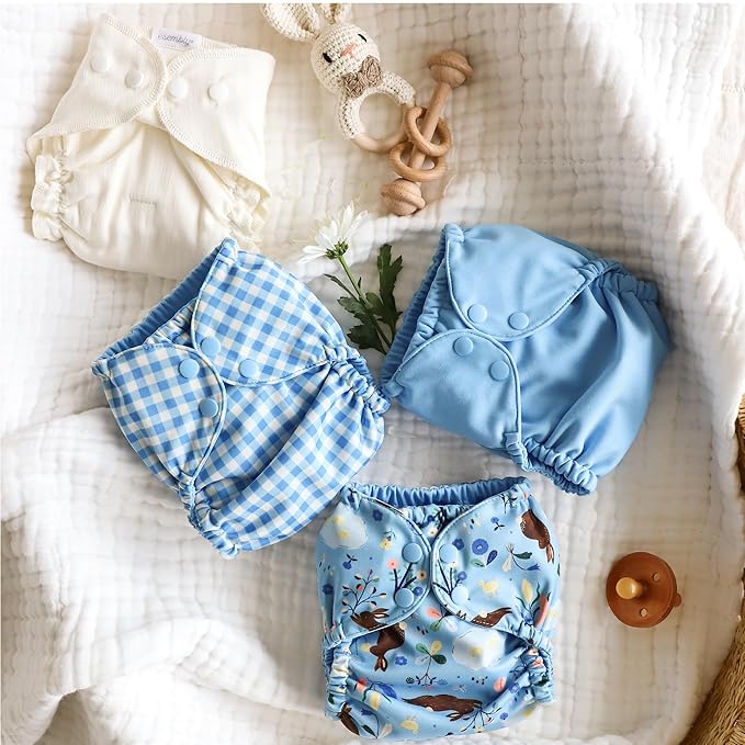 Esembly Cloth Diaper Cover - Reusable Swim Diaper, Waterproof, Breathable - Adjustable Outer Layer Over Absorbent Inner for Blowout Protection - Bunnies, Size 1 (7-17 lbs)