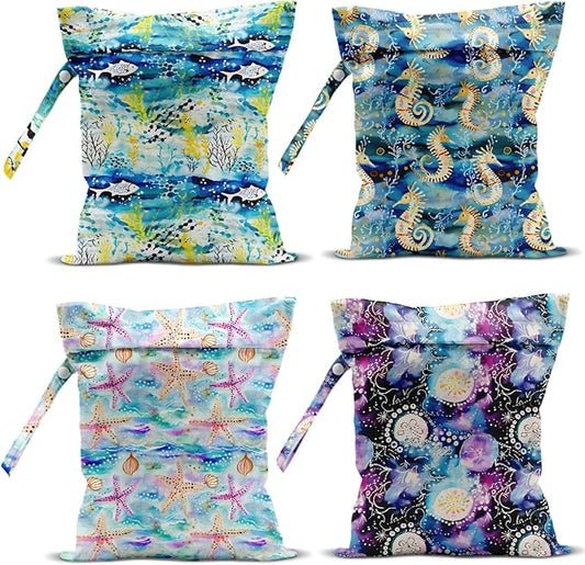 4 Pack Wet Bag for Swimsuit, Beach Travel Essentials Wet Dry Bag, for Sunscreen Toiletry Dirty Clothes Yoga Gym Diaper, Friend Summer Beach Vacation Gifts. Ocean Series