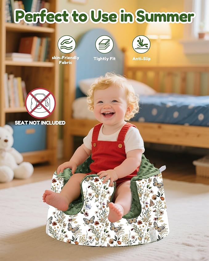 BOMOLOUR Seat Cover Compatible with Bumbo and Nuby Seat, Removable Breathable Baby Floor Seat Cover for Boys and Girls, Seat Not Included (Green Butterfly)