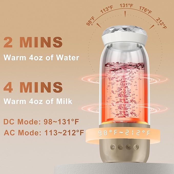 Portable Bottle Warmer for Travel, 18.6 Oz Portable Milk Warmer, 98-212℉ Adjustable, Baby Bottle Warmer On The Go with 12000mAh Battery, Fast Heating Water Warmer with Keep Warm & Sterilization