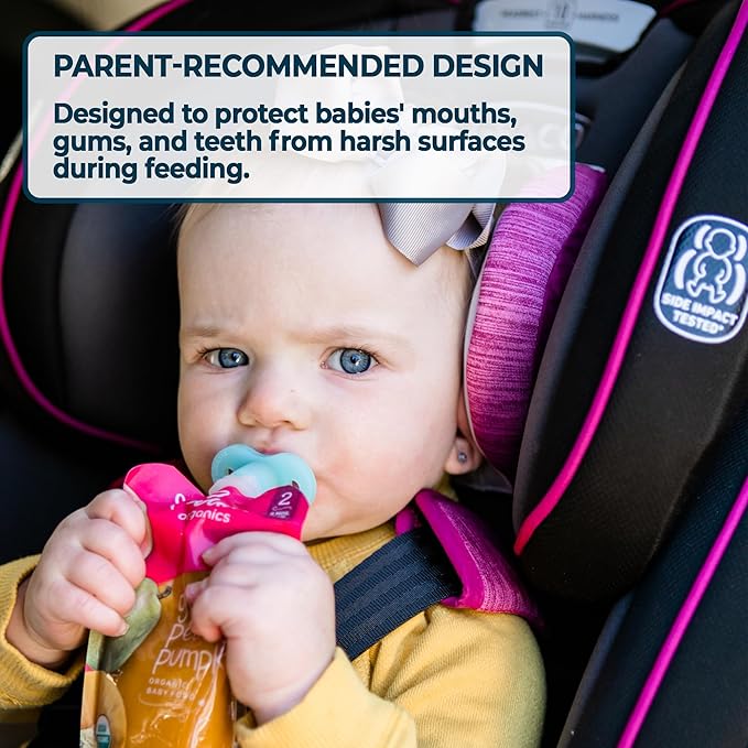 Soft Sip Baby Food Pouch Toppers - 100% Silicone, Dishwasher-Friendly and Mess-Free Feeding for Babies 6 Months+, Universal Fit for All Brands, Ideal for Chunky Meals, and Travel - Aqua Blue, 4 Packs
