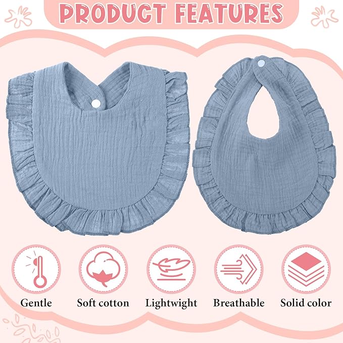 Kenning 18 Pcs Muslin Drool Baby Bibs Ruffle Absorbent Bib with Snap Button Boy Girl for Drooling Teething Infant Newborn