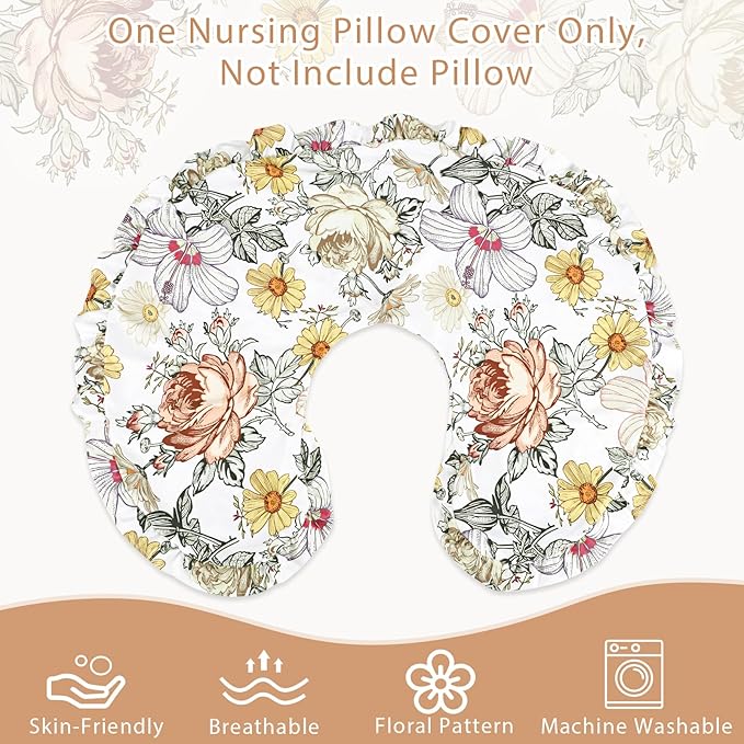 Ruffle Nursing Pillow Cover, Removable Stetchy Case for Breastfeeding Pillows, Ultra Soft and Breathable Feeding Pillow Slipcover with Modern Design Lace for Infant Girls Boys, Vintage Floral