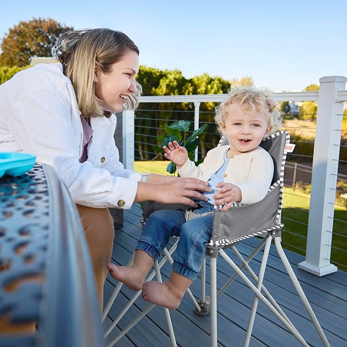 Bright Starts Pop 'N Dine Portable High Chair, Indoor/Outdoor, BPA Free Tray, Easy to Fold, Unisex, Grey, 6 Months +