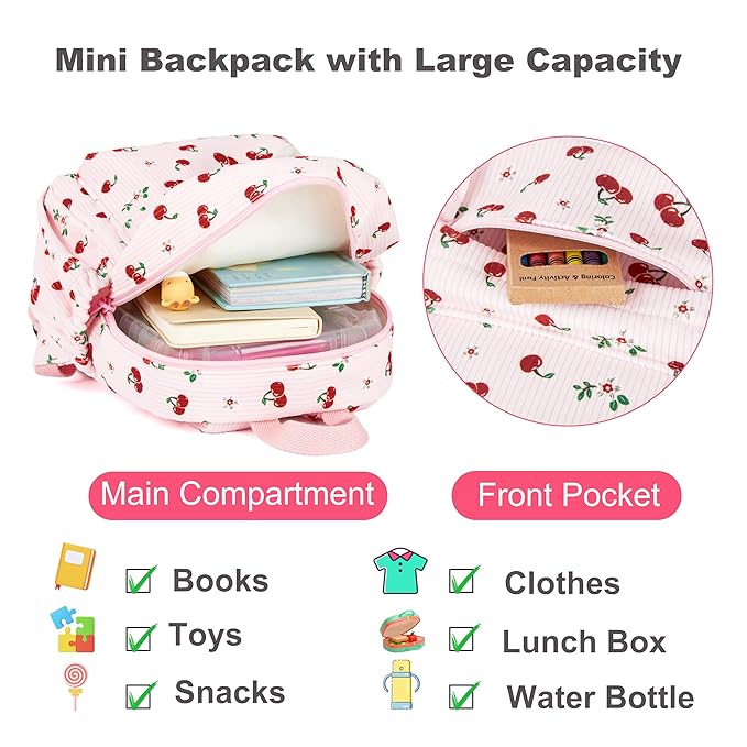 Corduroy Toddler Backpack with Detachable Leash and Anti-Lost Wrist Link, Safety Harness Walking Backpack for Toddler Boys Girls 1-3, Cute Cherry Travel Backpack with Leash for Kids