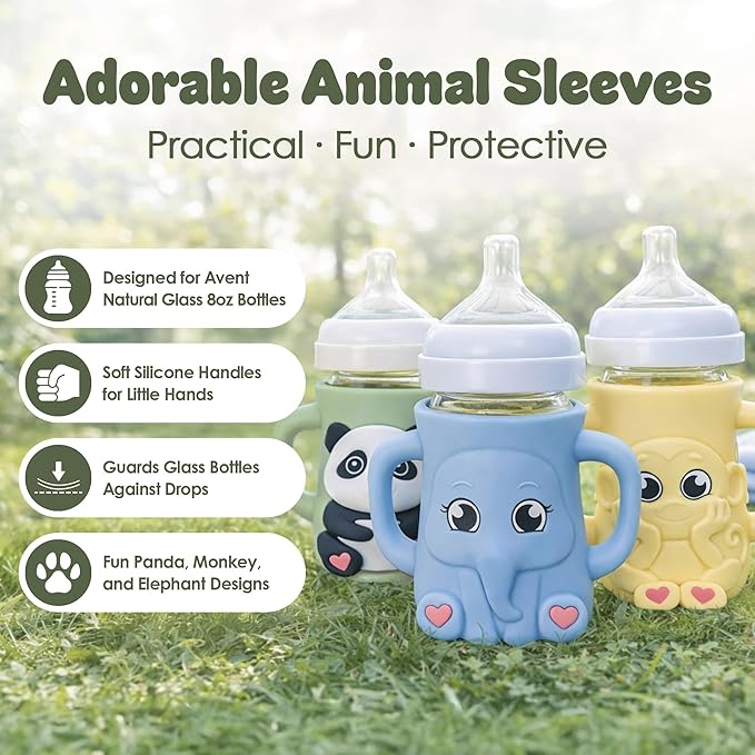 Silicone Bottle Sleeve for 8oz Philips Avent Natural Glass Bottle | Drop Protector + Easy Grip Handles | BPA Free Safe Material | Baby Bottle Not Included | Green Panada