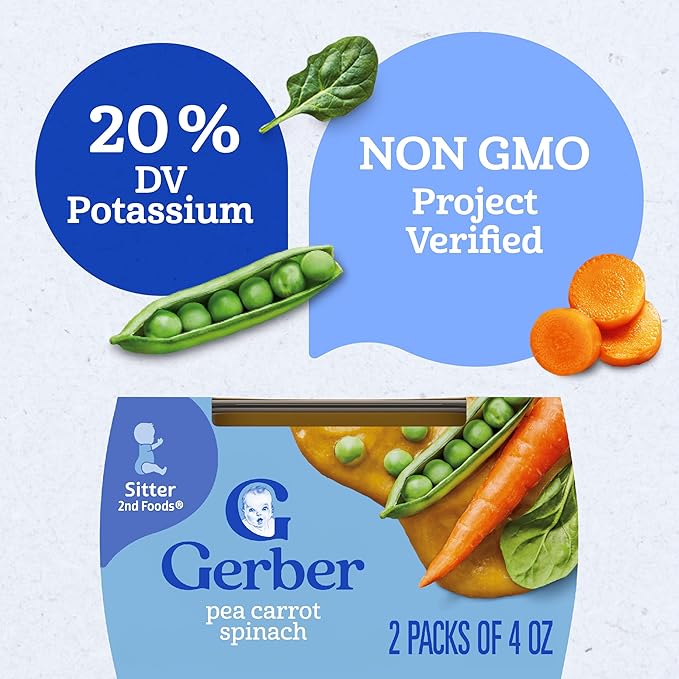Gerber Stage 2 Baby Food, Pea Carrot Spinach Puree Tubs, Baby Puree, 16PK