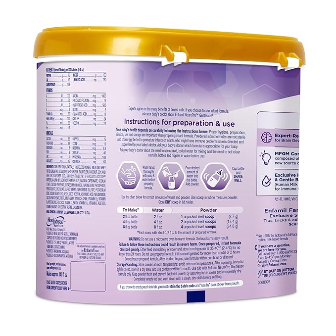 Enfamil NeuroPro Gentlease for easing Fussiness, Crying, Gas, Spit-up in 24 Hrs, Smaller Proteins for Easy Digestion, Brain Supporting DHA, Prebiotic Blend, HuMO6*, Baby Formula, Reusable Tub, 19.5 Oz