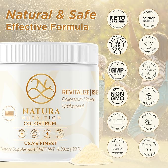 Natura Bovine Colostrum Powder – 100% Pure, First Milking – 25% All-Natural IgG – Grass-Fed & Pasture-Raised – Gut, Immune & Recovery Support – Additive-Free – 30 Servings – USA Sourced