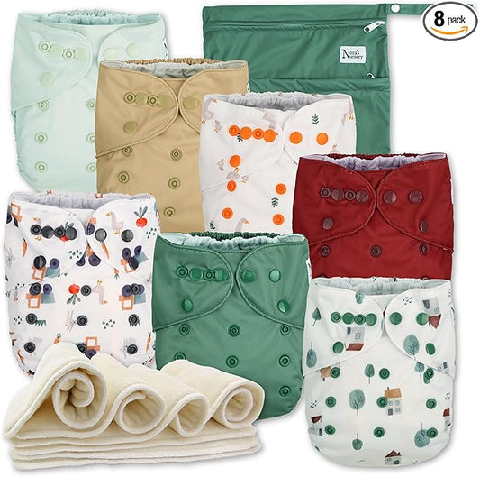 Nora's Nursery AWJ Cloth Diapers 7 Pack with 1 Wet Bag - Waterproof Cover, Washable, Reusable & One Size Adjustable Pocket Diapers for Newborns and Toddlers - On the Farm