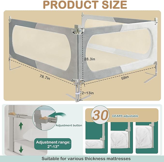 Bed Rail for Toddlers Twin, Full, Queen, King & Cal kingMattress Size | Swing Down Rail Guard | Mattress Side Rail for Kids (Gray and White, (3 Sides for King Size) 79.9x79.9x76 Inch)