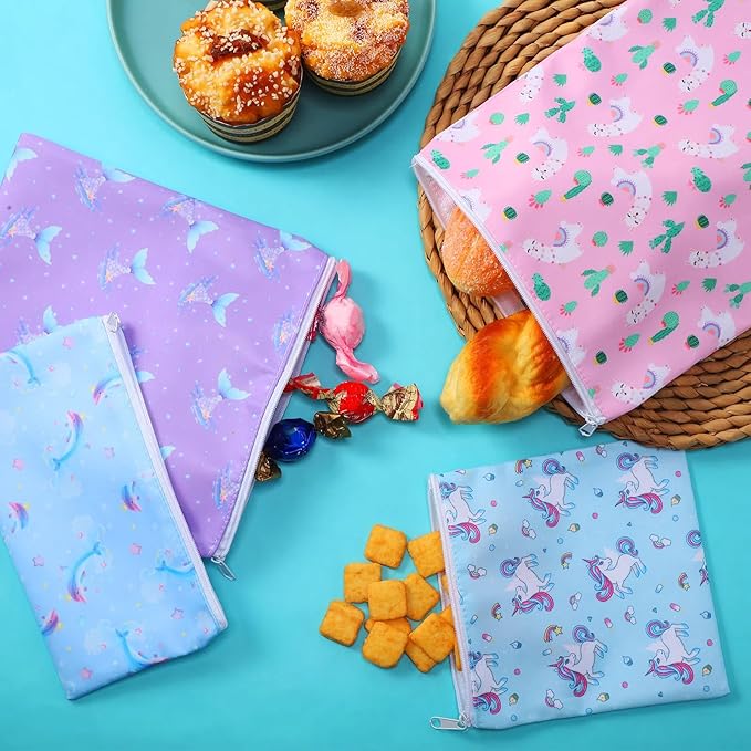 Paterr 4 Pcs Sandwich Bag Reusable Zipper Snack Bags Washable Food Safe Lunch Bags for Kids Students Adults Food (Unicorn)