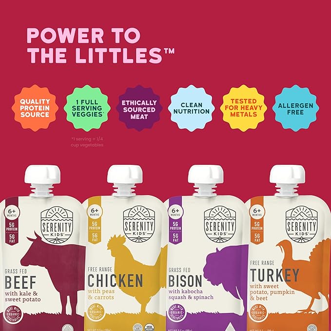 Serenity Kids Meat Lover Baby Food Pouch Bundle: Free Range Chicken & Turkey, Grass Fed Beef, Wild Caught Salmon, 26 Count, 5g Protein, Grain Free, No Added Sugar, 6+ Months, On-the-Go Snacks