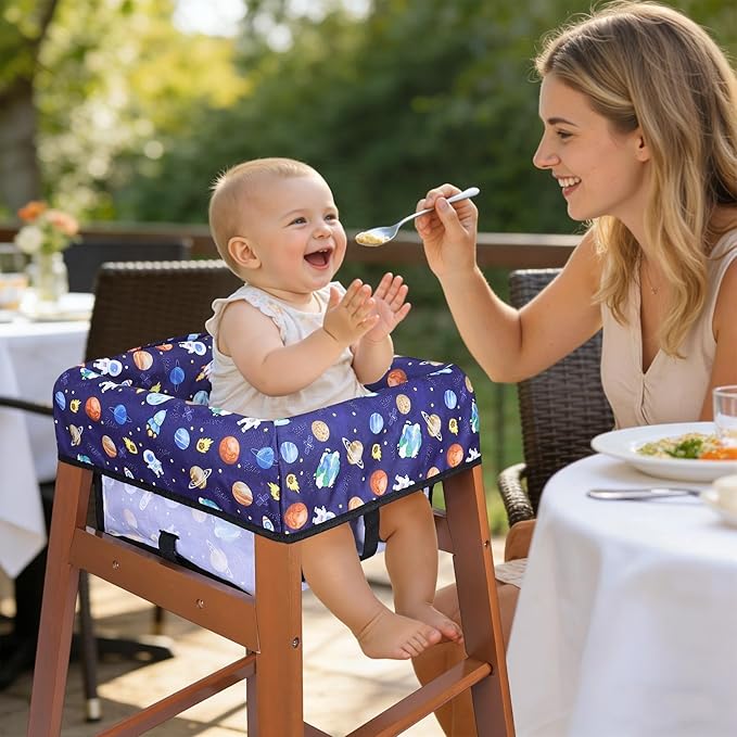 High Chair Cover, Baby High Chair Cover for Restaurants, Waterproof Portable Highchair Covers with 3-Point Harness for Eating, Travel, Home, Machine Washable, Fits Wooden Chairs (Blue)