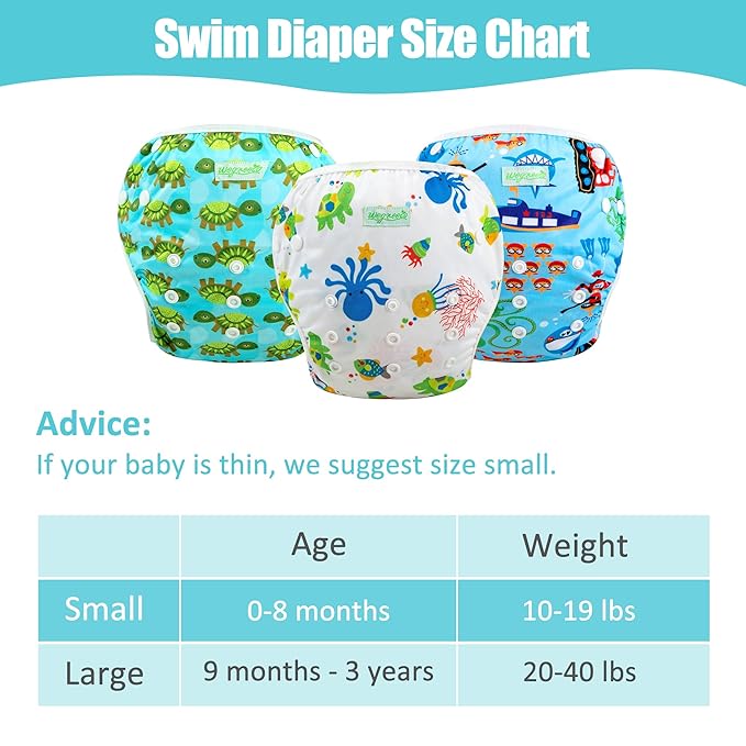 wegreeco Reusable Swim Diapers,Baby & Toddler Snap One Size Adjustable Reusable Baby Swim Diaper (Diving,Ocean,Turtle,Small,3 Pack)