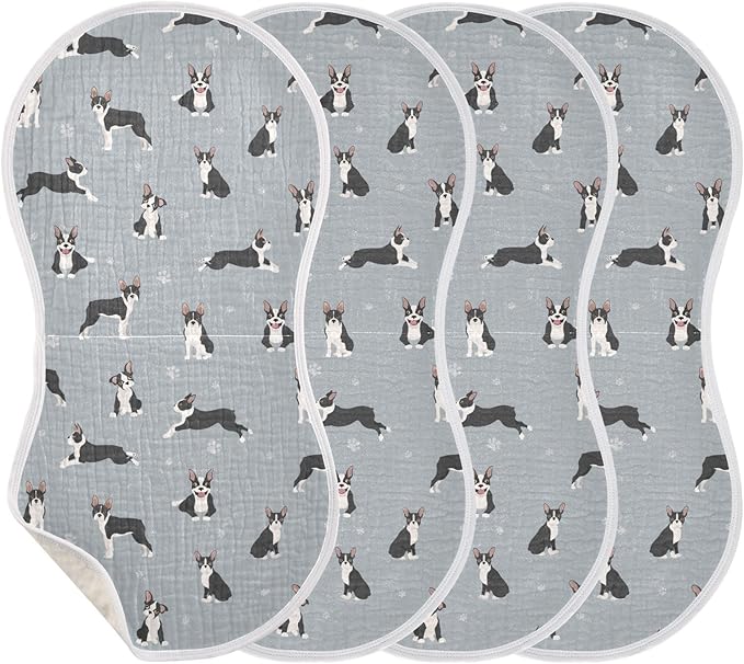 Muslin Burp Cloths for Baby Boys and Girls - 4-Pack Ultra Absorbent Boston Terrier Dog Muslin Washcloths, Newborn Towel, Milk Spit Up Rags, Burp Cloth Bib for Unisex, 22 x 11 Inch
