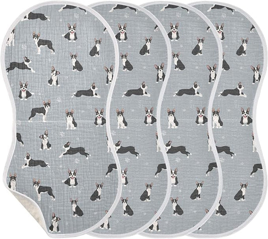 Muslin Burp Cloths for Baby Boys and Girls - 4-Pack Ultra Absorbent Boston Terrier Dog Muslin Washcloths, Newborn Towel, Milk Spit Up Rags, Burp Cloth Bib for Unisex, 22 x 11 Inch