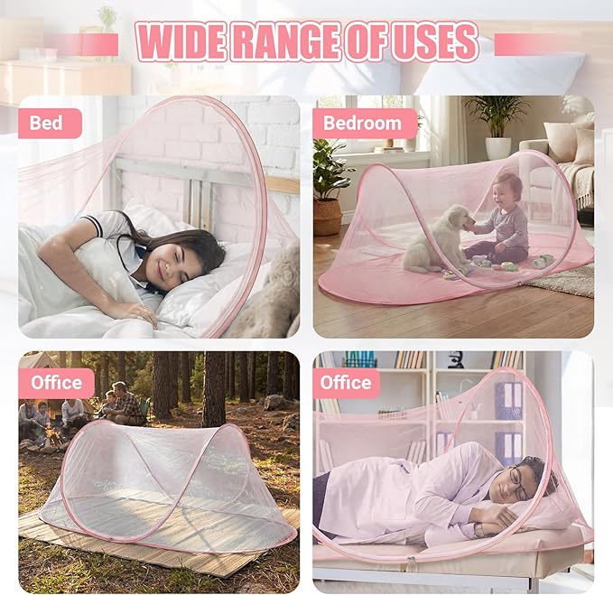 Large Pop up Mosquito Net for Camping Portable Foldable Mosquito Tent Bug Net Bed Travel Patio Outdoor 78 x 31 x 22 Inch Bug Netting Mesh Tent Canopy for Adults Baby Bedroom, Pink