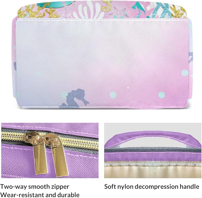 Mermaid Tail Gold Pink Purple Mommy Bag for Baby Girl Custom Diaper Bag Backpack Waterproof Multi-Function Travel Camping Picnic Diaper Carrying Bag