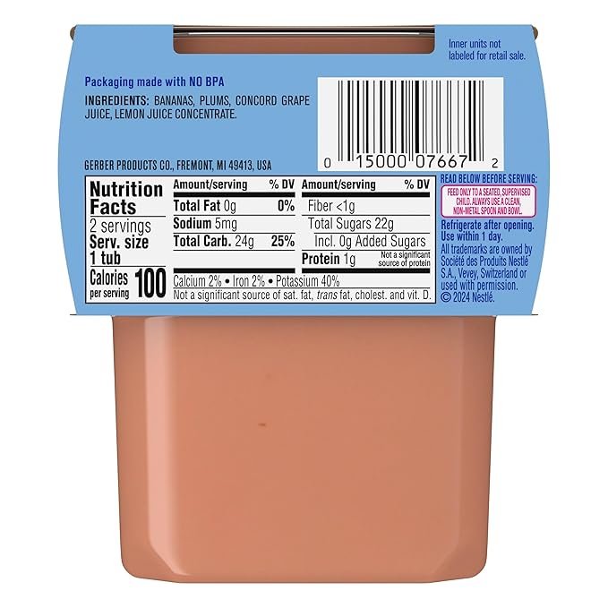 Gerber Stage 2 Baby Food, Banana Plum Grape Puree Tubs, No Artificial Colors or Flavors, Baby Puree, 2-Pack