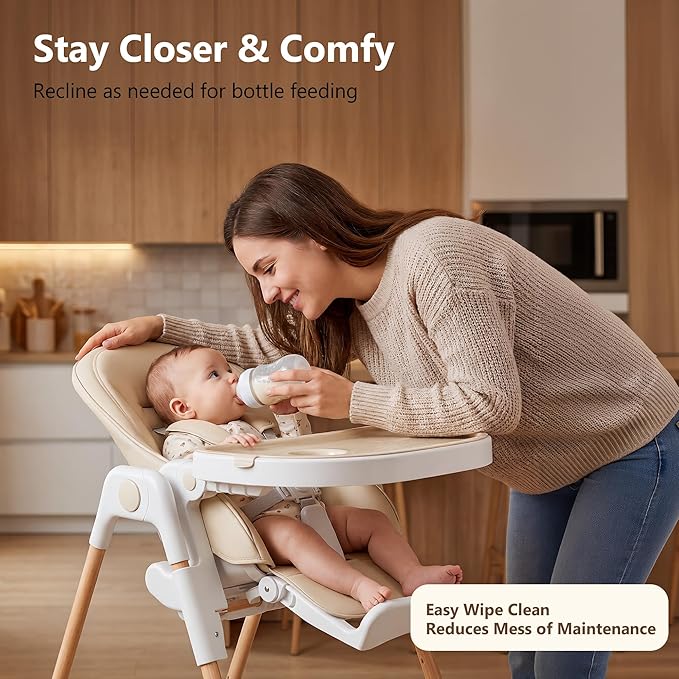 Kinder King Convertible High Chair for Babies & Toddlers, Adjustable Baby Feeding High Chair with Removable Double Tray, Simple Compact Fold for Space-Saving, 2 Built-in Wheels, Easy to Clean