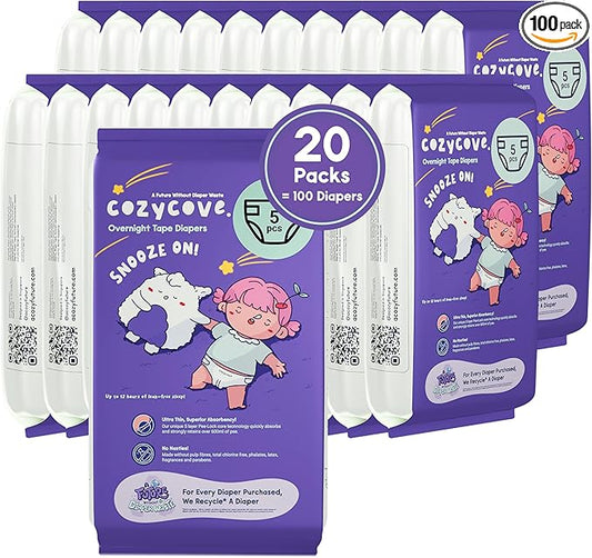 Cozycove Travel Pack Size 6 Tape Diapers Carton, Snooze On Slim Overnight Tape Diapers, Size 6 (33-44 lbs), 100 Count (20 Packs of 5)