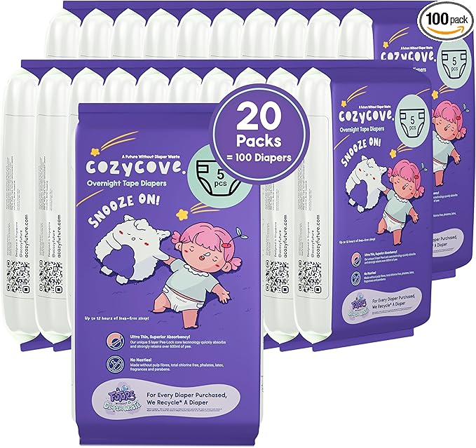 Cozycove Travel Pack Size 4 Tape Diapers Carton, Snooze On Slim Overnight Tape Diapers, Size 4 (22-33 lbs), Carton, 100 Count (20 Packs of 5)