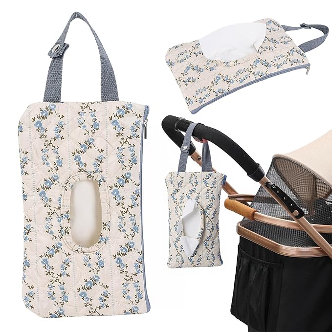 Quilted Baby Wipe Holder, Canvas Floral Quilted Pouch with Hanging Strap, Portable Diaper Wipe Holder for Travel Stroller-Blue Flower