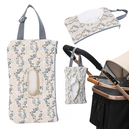 Quilted Baby Wipe Holder, Canvas Floral Quilted Pouch with Hanging Strap, Portable Diaper Wipe Holder for Travel Stroller-Blue Flower