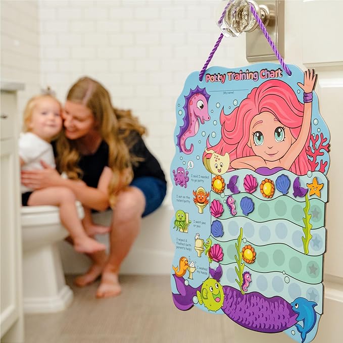 PUTSKA Potty Training Reward Chart for Girls with 35 Reusable Stickers – Potty Chart for Toddlers Girls - Reward Chart for Kids for Toilet Success - Mermaid