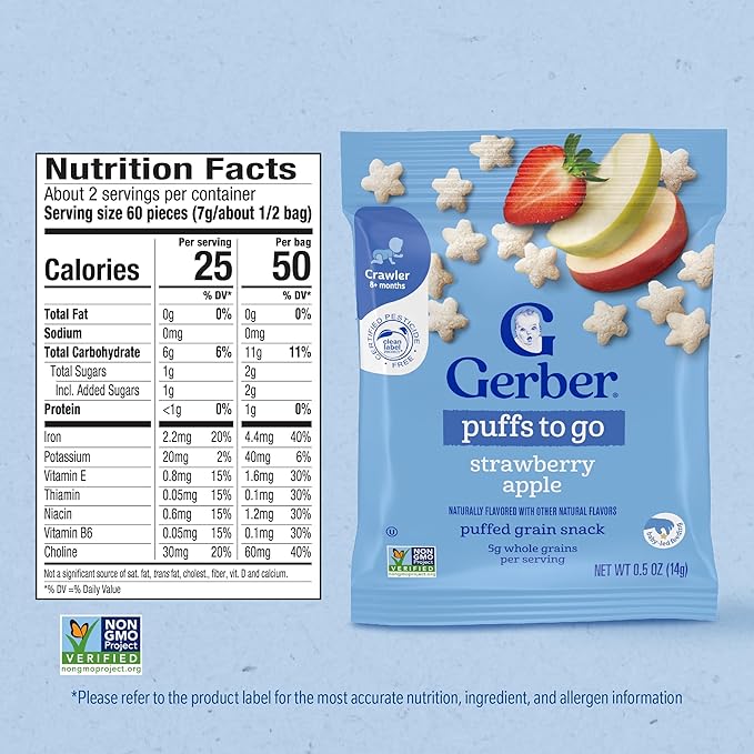 Gerber Stage 3 Baby Snacks, Strawberry Apple Puffs, Grain Snack, Baby Led Feeding, 12PK