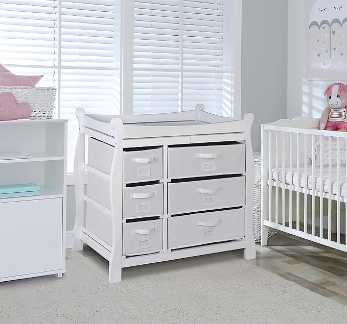 Badger Basket Sleigh Style Baby Changing Table with 6 Storage Drawers and Pad - White