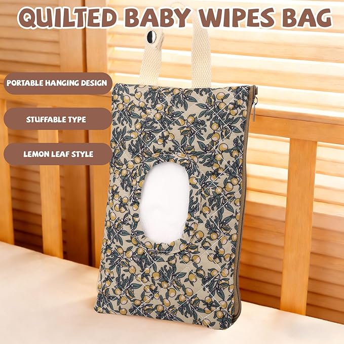 Quilted Baby Wipes Pouch, Fillable Floral Baby Wipe Holder with Lanyard Portable Mommy Bag for Stroller Travel Stroller Daily Casual (Green)