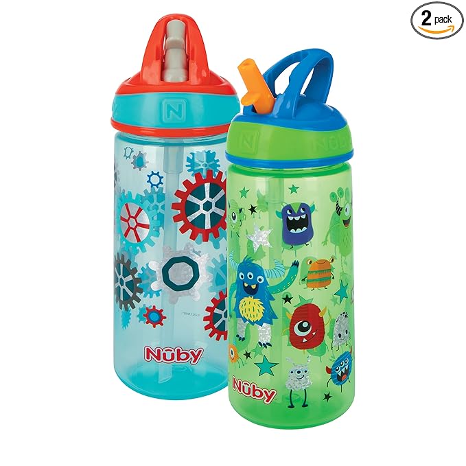 Nuby 2 Pack Iridescent PP Flip-it Kids On-The-Go Printed Water Bottle with Bite Proof Hard Straw - 18oz / 540 ml, 18+ Months, 2 pk, Robot & Friendly Monster Print