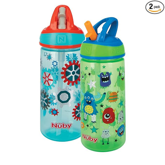 Nuby 2 Pack Iridescent PP Flip-it Kids On-The-Go Printed Water Bottle with Bite Proof Hard Straw - 18oz / 540 ml, 18+ Months, 2 pk, Robot & Friendly Monster Print