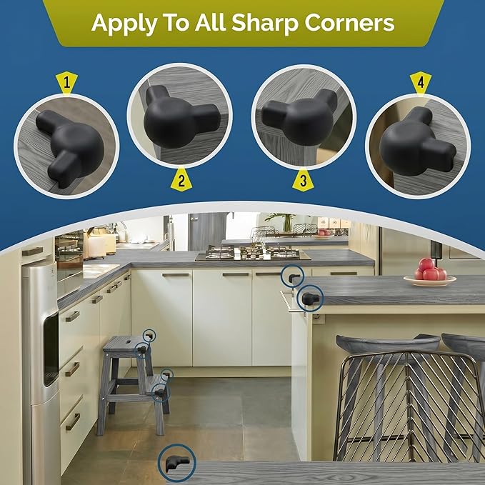Silicone Corner Protectors for Baby Proofing – Soft Adhesive Corner Guards for Tables & Furniture, Child Safety Edge & Corner Bumpers. Protects Toddlers from Sharp Edges (12 Pack/Black)