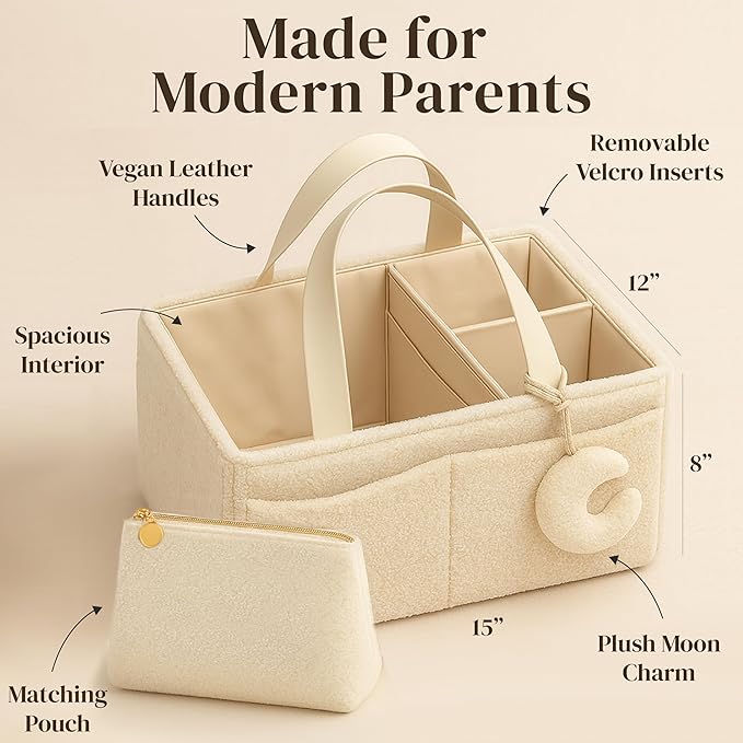 Orelle Bouclé Diaper Caddy Organizer with Matching Pouch & Moon Pendant | Teddy Portable Changing Table Organizer | Must-Have Baby Shower Gifts | Cream