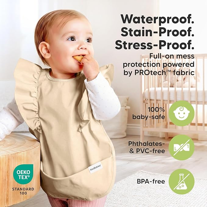 KeaBabies Waterproof Bibs for Baby Girl,Boy – 2-Pack Lightweight, Large Baby Bibs for Eating, Wearable Food Catcher, 6-12 Months Infant Feeding Essentials, Smock for Toddlers 1-3, Kids (Terracotta)