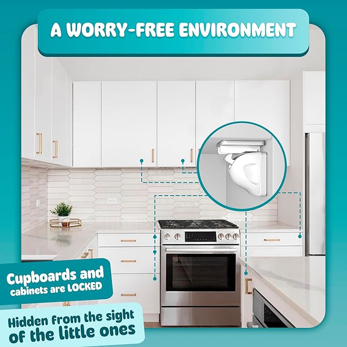 Booboo Baby Magnetic Child Safety Cupboard Locks for Children x4 Locks + x1 Key, Baby Proofing for Kitchen, Cabinets and Drawers, 30 Second Install No Drilling 3M Adhesive (4 Pack)