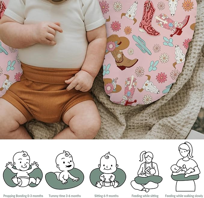 Boho Western Cowgirl Baby Nursing Pillow Covers for Girl Pink Cowgirls Boots Hat Cactus Floral Cow Skulls Nursery Slipcovers for Breastfeeding Pillows Wild West Soft Stretchy Cover for Newborn Infant