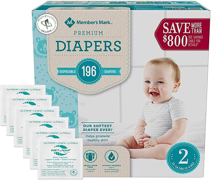 HAO M Mark Premium Baby Diapers - Size 2 (12-18 lbs) 196 Count W/Moist Towelettes