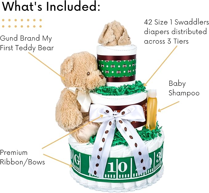 Lil' Baby Cakes Football Diaper Cake - Adorable Baby Boy Gift Using Size 1 Swaddler Diapers - Perfect for Baby Showers with Football-Themed Decorations or Boy's Diaper Cake Kit - 10 in X 12 in