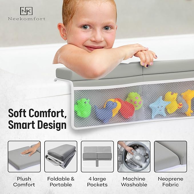 Bath Kneeler and Elbow Rest Pad Set – 26'' Extra Long 1.5” Thick Cushioned Kneeling Pad, Durable, Non-Slip Elbow Rest with Storage Pockets & 5 Bath Toys, Baby Bath Accessories Organizer