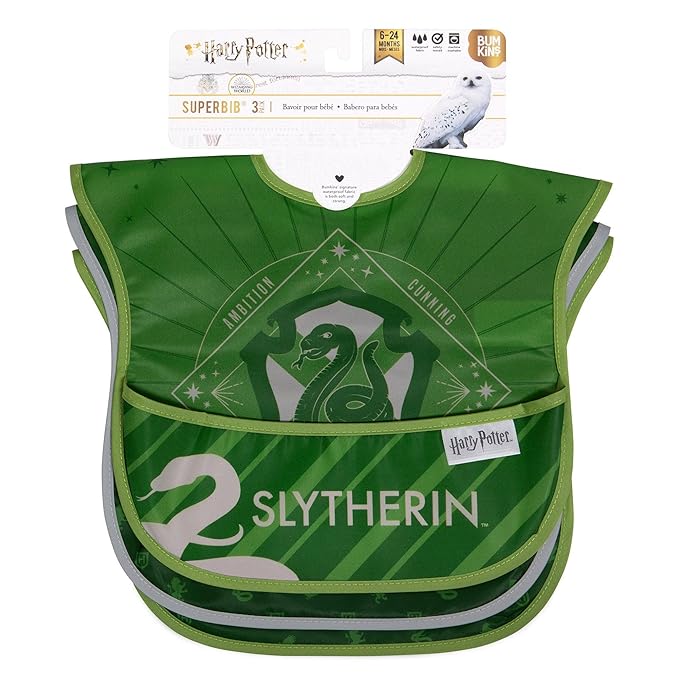 Bumkins Bibs for Girl or Boy, SuperBib Baby and Toddler for 6-24 Months, Essential Must Have for Eating, Feeding, Baby Led Weaning, Mess Saving Waterproof Soft Fabric, 3-pk Harry Potter Slytherin