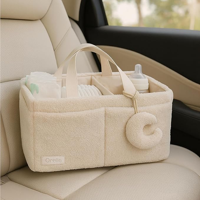 Orelle Bouclé Diaper Caddy Organizer with Matching Pouch & Moon Pendant | Teddy Portable Changing Table Organizer | Must-Have Baby Shower Gifts | Cream