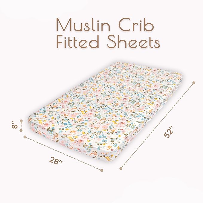Muslin Cotton Crib Sheets for Girls, 2 Pack 52"x28" Fitted Baby Crib Sheet for Girl, Soft & Breathable Baby and Toddler Bed Sheets, Mattress Cover Muslin Cribs Sheet Set Nursery Gift Pink Floral